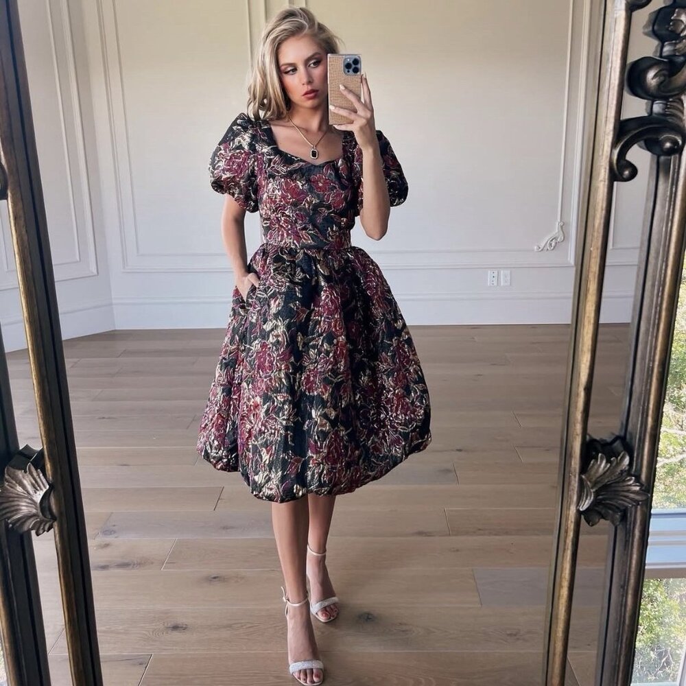 Jessakae Floral Brocade Jacquard Burgundy Gold Metallic Dress Fit & Flare XXS - Picture 6 of 10